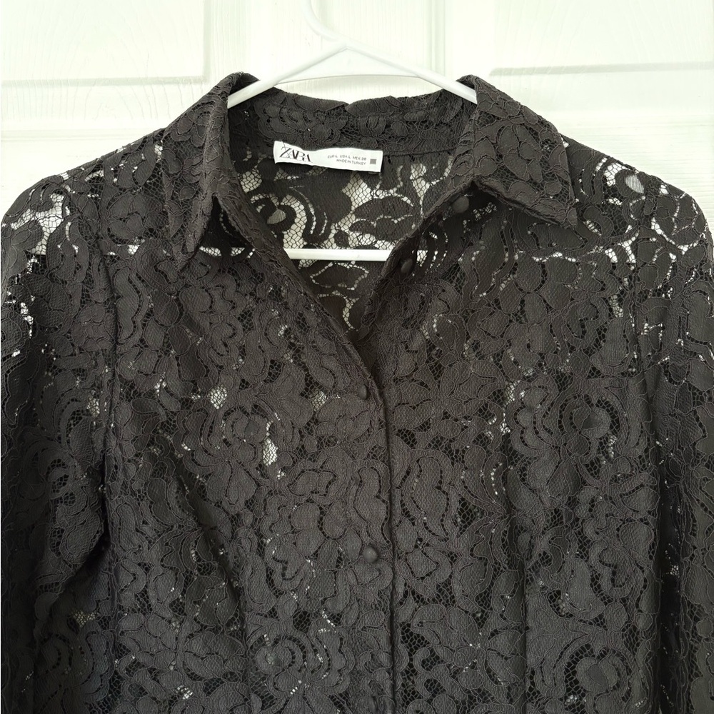 Edgy and elegant Zara Black Lace Button-Up Shirt